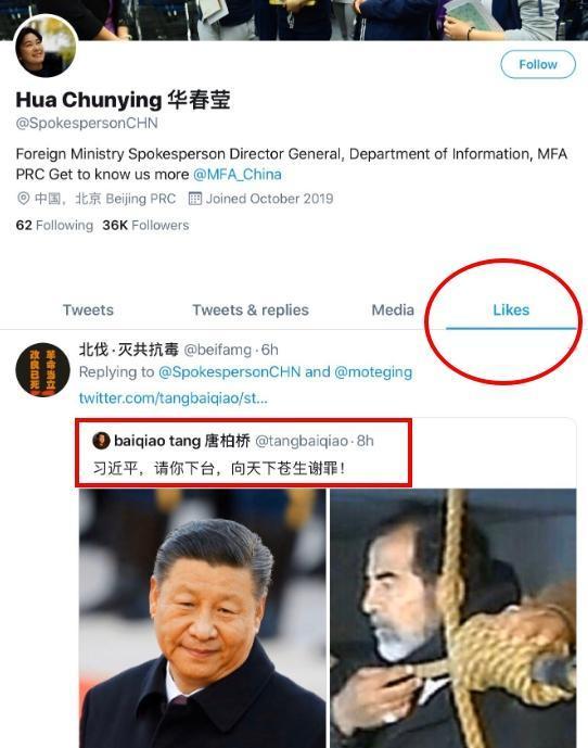 在華春瑩按讚的內容裡發現一則反習推文，目前已遭刪除。（翻攝推特）