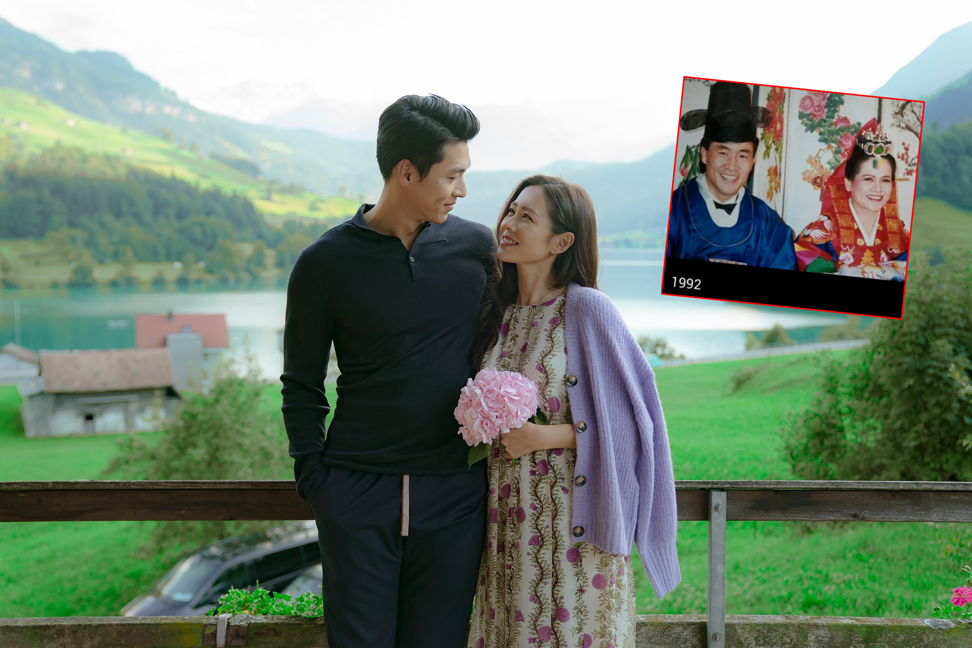 玄彬（左）與孫藝真（右）在《愛的迫降》跨越南北韓38度線相愛。真實生活中（小圖），北韓的李昌壽也因為愛上台灣的陳鈴真而脫北。（Netflix提供，翻攝BBangjin youtube頻道）