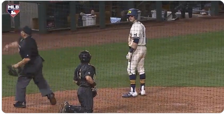 因用球棒撥土被誤認為對判決不滿，主審將打者驅逐出場。（翻攝自推特）