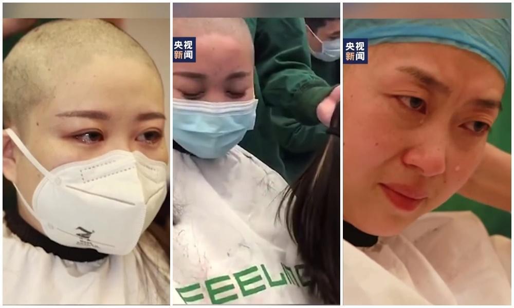 中國媒體拍攝即將前往湖北支援的甘肅女醫護被剃光頭影片。(翻攝央視微博)