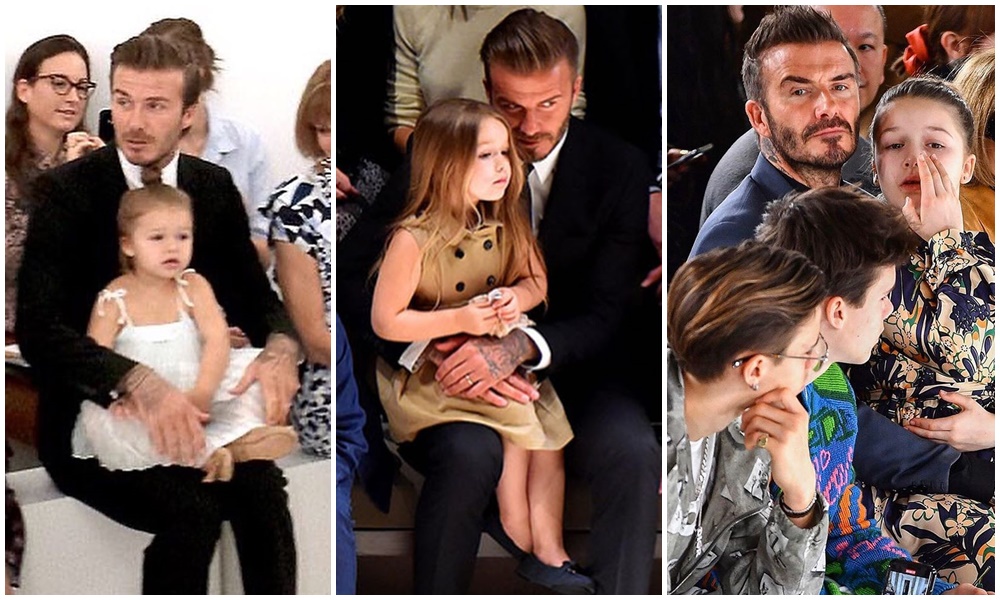 小哈波最喜歡坐在爸爸貝克漢腿上，一起欣賞媽媽品牌的時尚大秀。（翻攝自beckhamonly、zvezda_na_zvezde Instagram）