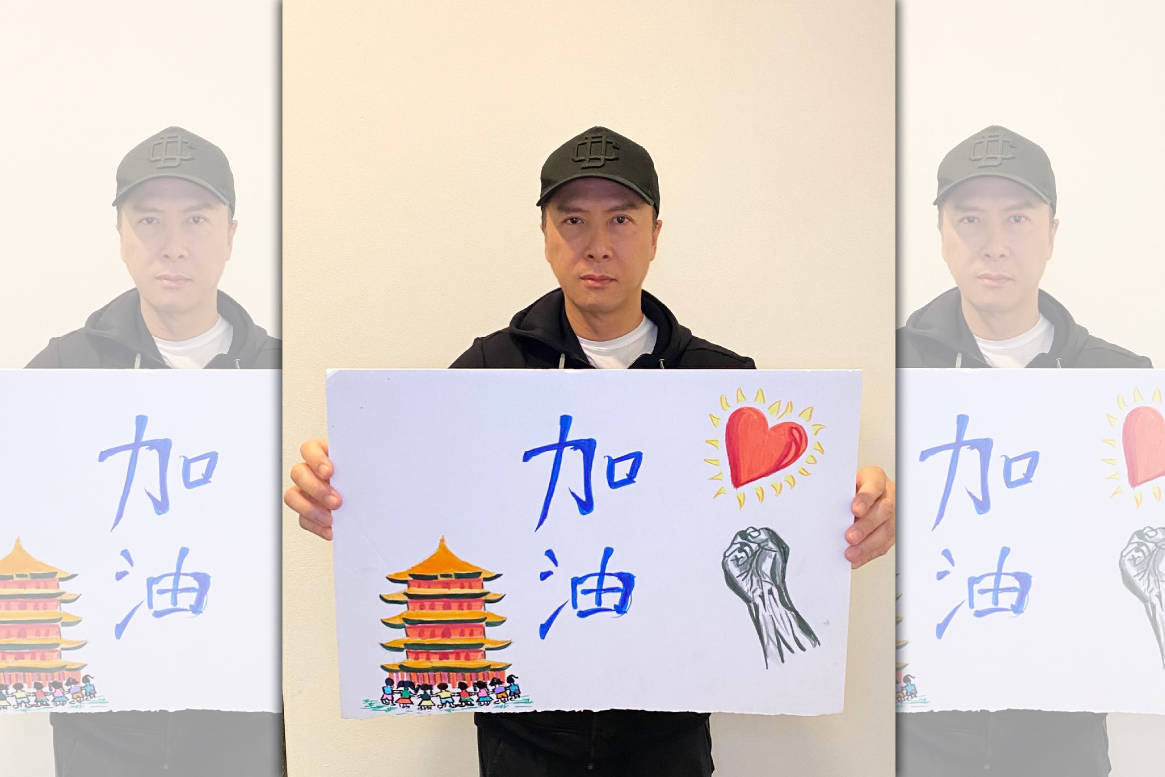 甄子丹作畫為武漢肺炎疫情一線工作人員及病患加油鼓勵。（人人娛樂提供）