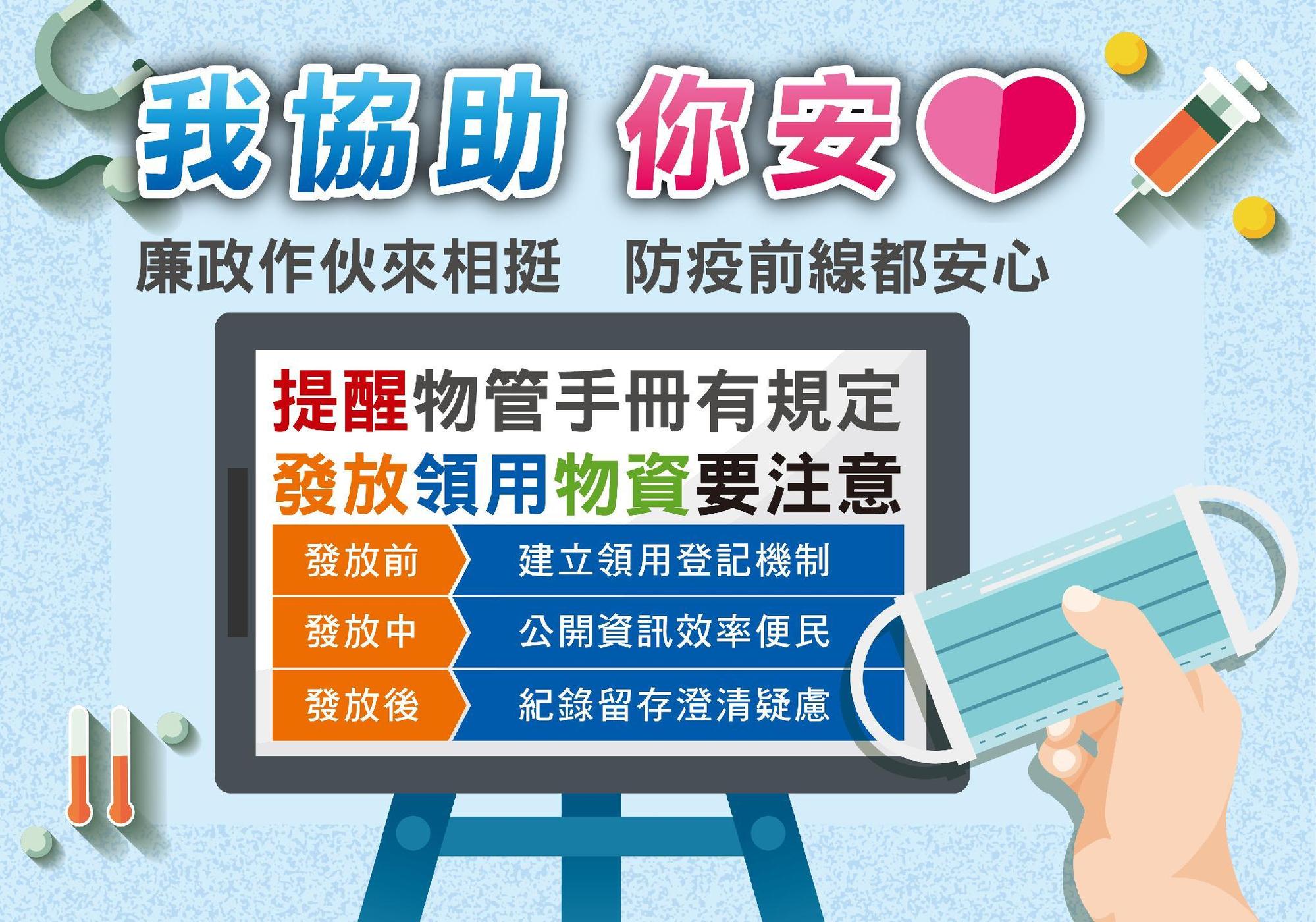 廉政署已責成政風機構以「叮嚀、提醒、關心、協助」角色，做好「先提醒、做管理、要檢核」工作，確保防疫物資公平發放。