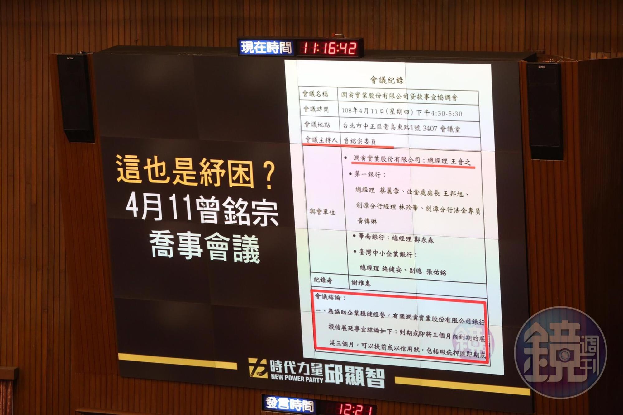 時力立委邱顯智質詢時引用本刊踢爆國民黨立委曾銘宗為潤寅喬貸款的會議記錄。