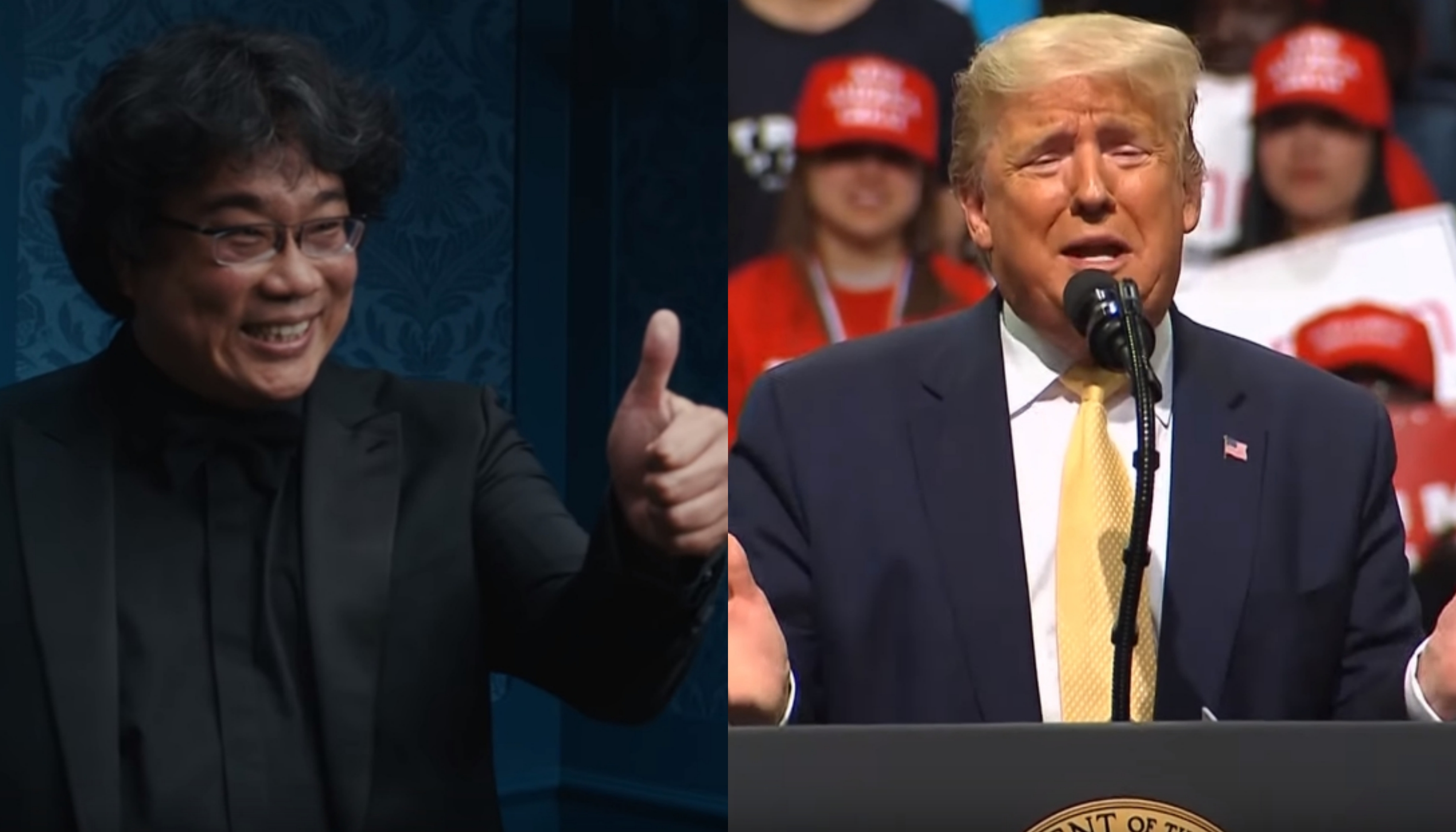 韓國導演奉俊昊(左)執導的《寄生上流》贏得奧斯卡最佳影片,川普直呼「怎麼回事」。(翻攝自YouTube Oscars, The Telegraph)