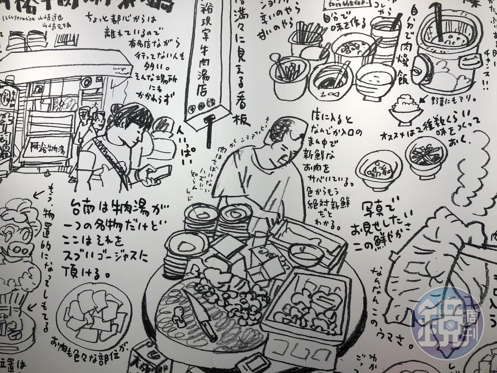牆上有日文介紹及老闆生動的畫像。