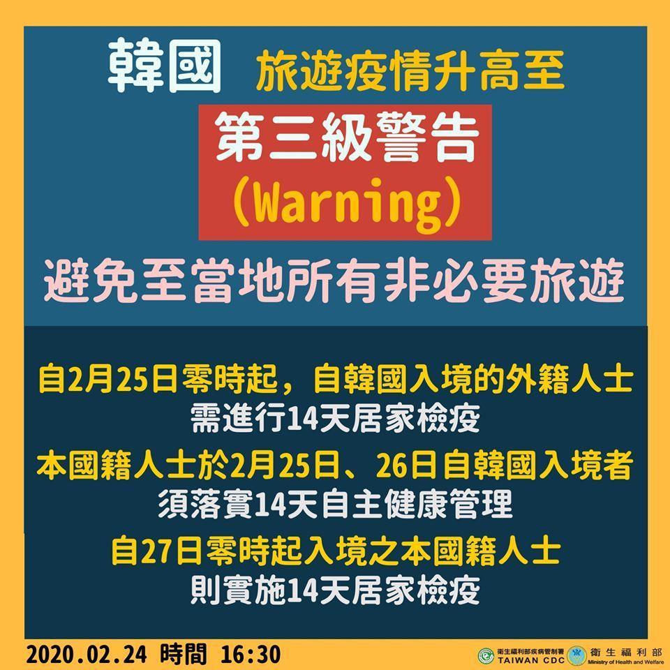 南韓旅遊疫情升高至警告。（翻攝自疾管署）