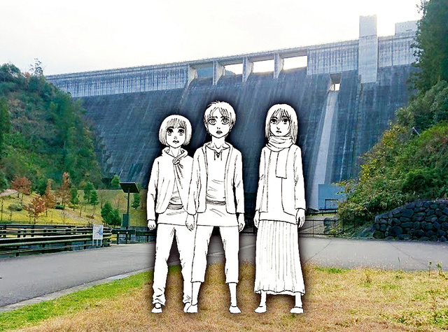 雕像的示意圖，背景為大山水壩。（翻攝自@livedoornews Twitter）