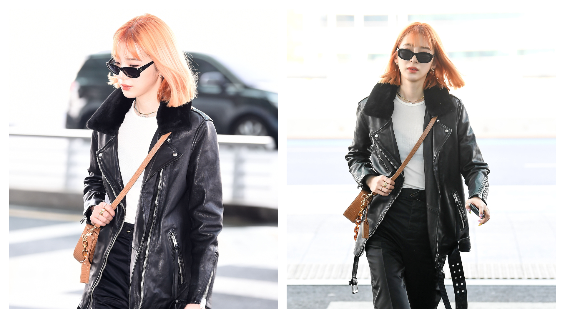 Irene Kim將oversize的皮衣簡單搭配白T-shirt與黑褲子，打破皮衣一定要穿合身的想像，穿出率性的皮衣look。（AllSaints提供）