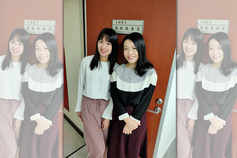台大13妹中的「公衛文」王郁文(左)現在擔任民眾黨立委高虹安的助理。