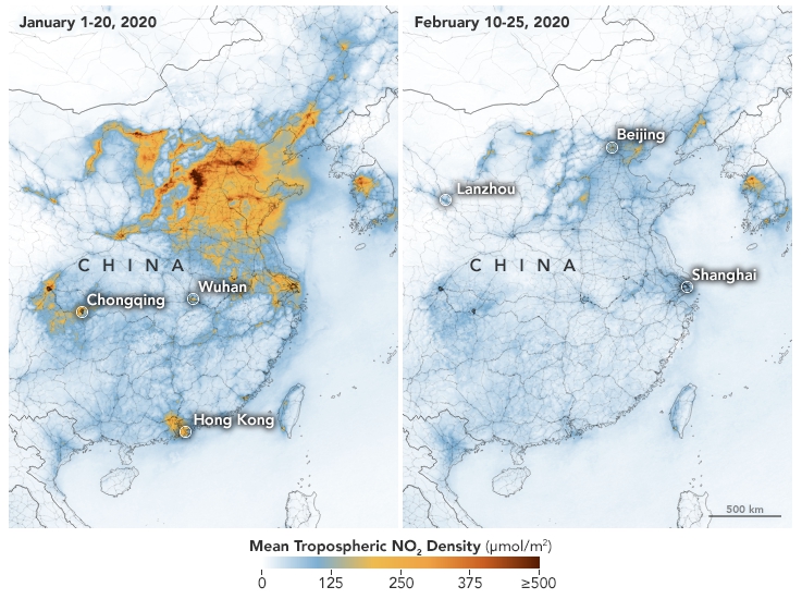 美國國家航空暨太空總署公布中國因新冠肺炎宣布隔離前、後的二氧化氮排放量變化。（翻攝自NASA官網）