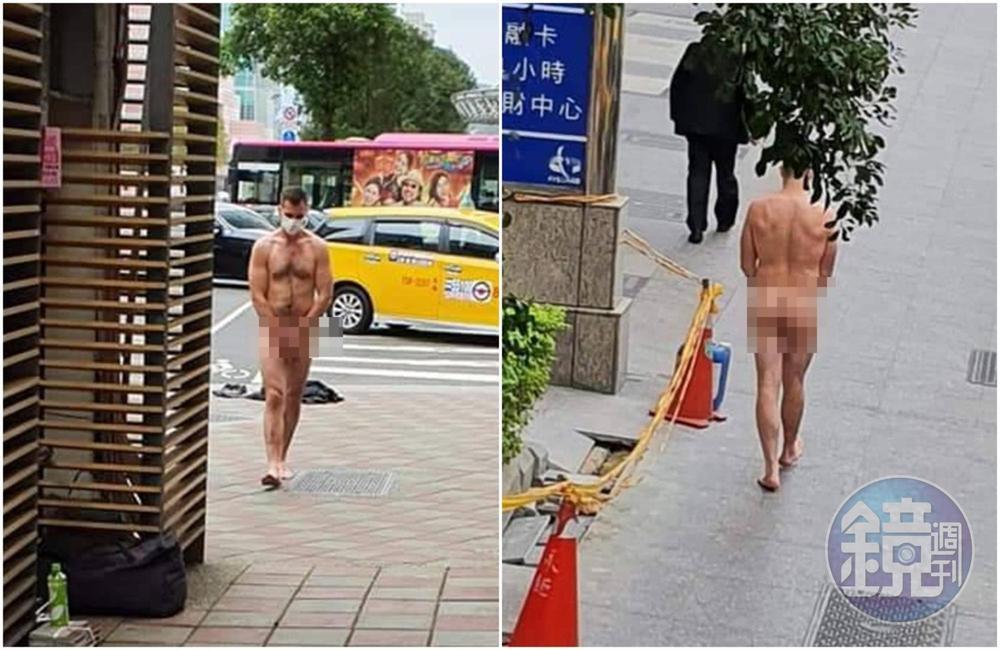 一名外籍男裸體走在台北市的信義路及基隆路口，但手有護住下體，不至於公開「遛鳥」。（讀者提供）