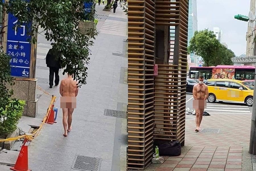 信義區商圈驚傳今早出現外籍「溜鳥俠」，嚇壞不少路人。（讀者提供）