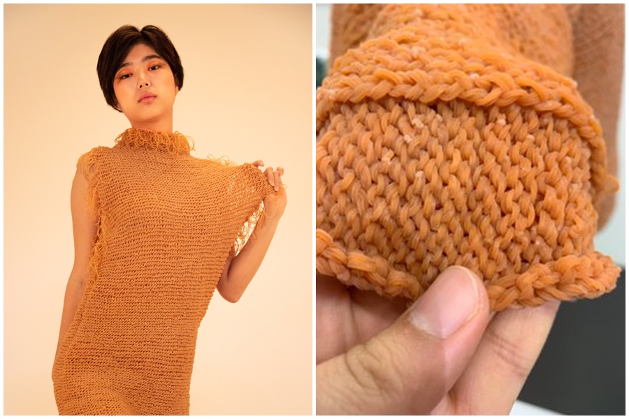 日本女大生坂本理惠畢製以橡皮筋編成多款的服裝和配件，巧思和成果讓她一夕爆紅。（翻攝自sakamoto_entame推特）