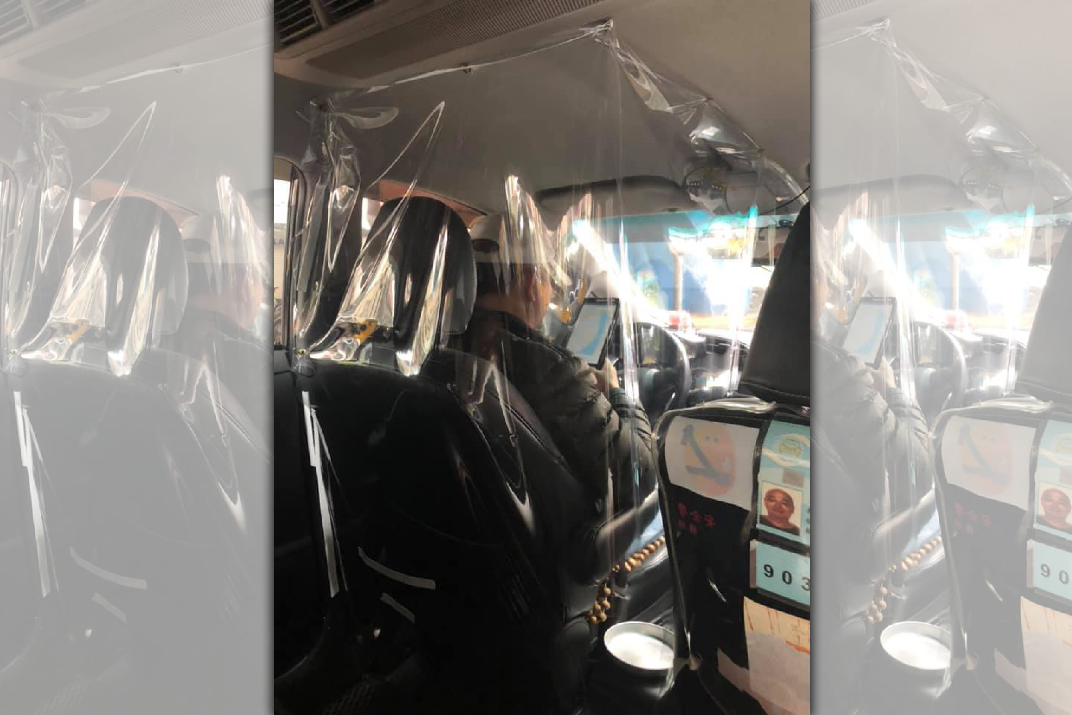 一名小黃運將為了自保出奇招，在駕駛座自製「透明防疫簾」，還準備零錢盤避免乘客給錢和找錢的接觸。（翻攝自臉書「爆料公社」）