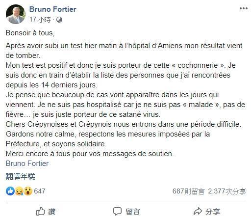 市長福爾蒂也在臉書證實自己被確診的消息。(翻攝自Bruno Fortier臉書)