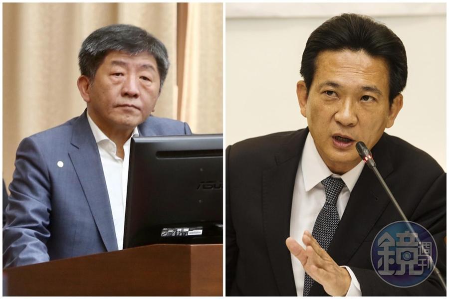 林俊憲（右圖）今在立法院財政等委員會聯席會中針對「黃安條款」質詢衛福部長陳時中（左圖）。（資料照）