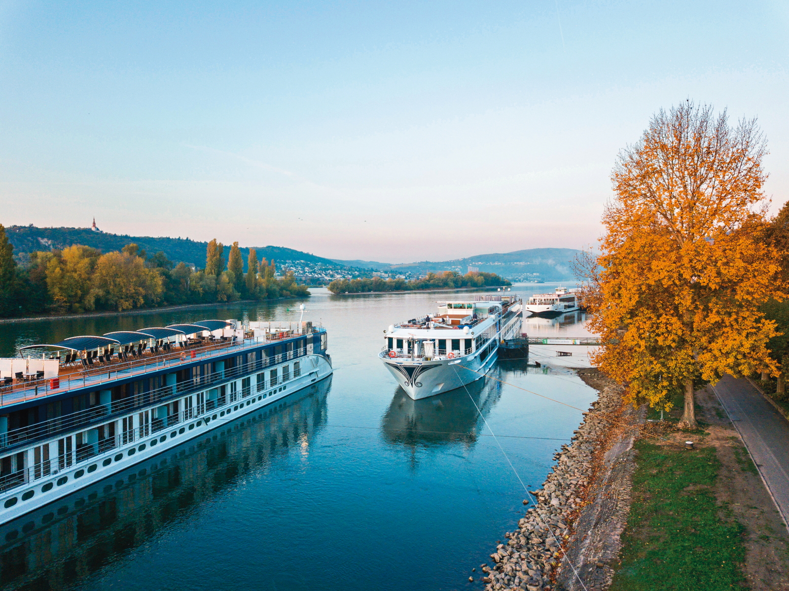 寰宇河輪會停靠在呂德斯海姆（Rüdesheim）。