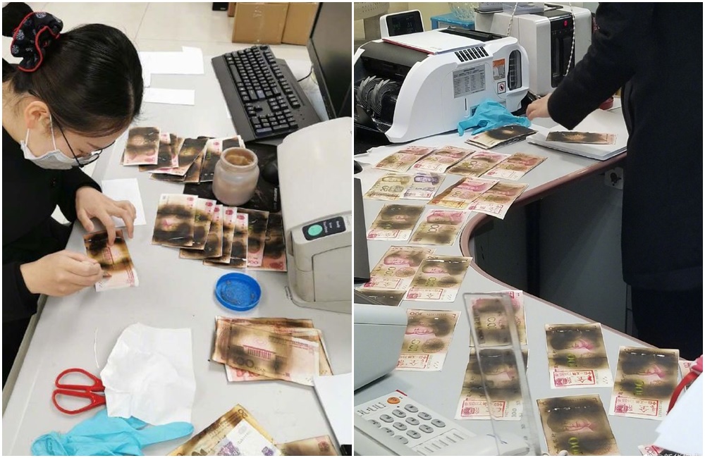 江蘇女子將人民幣放進微波爐消毒，不到1分鐘錢都黑掉了。（翻攝自新華社微博）