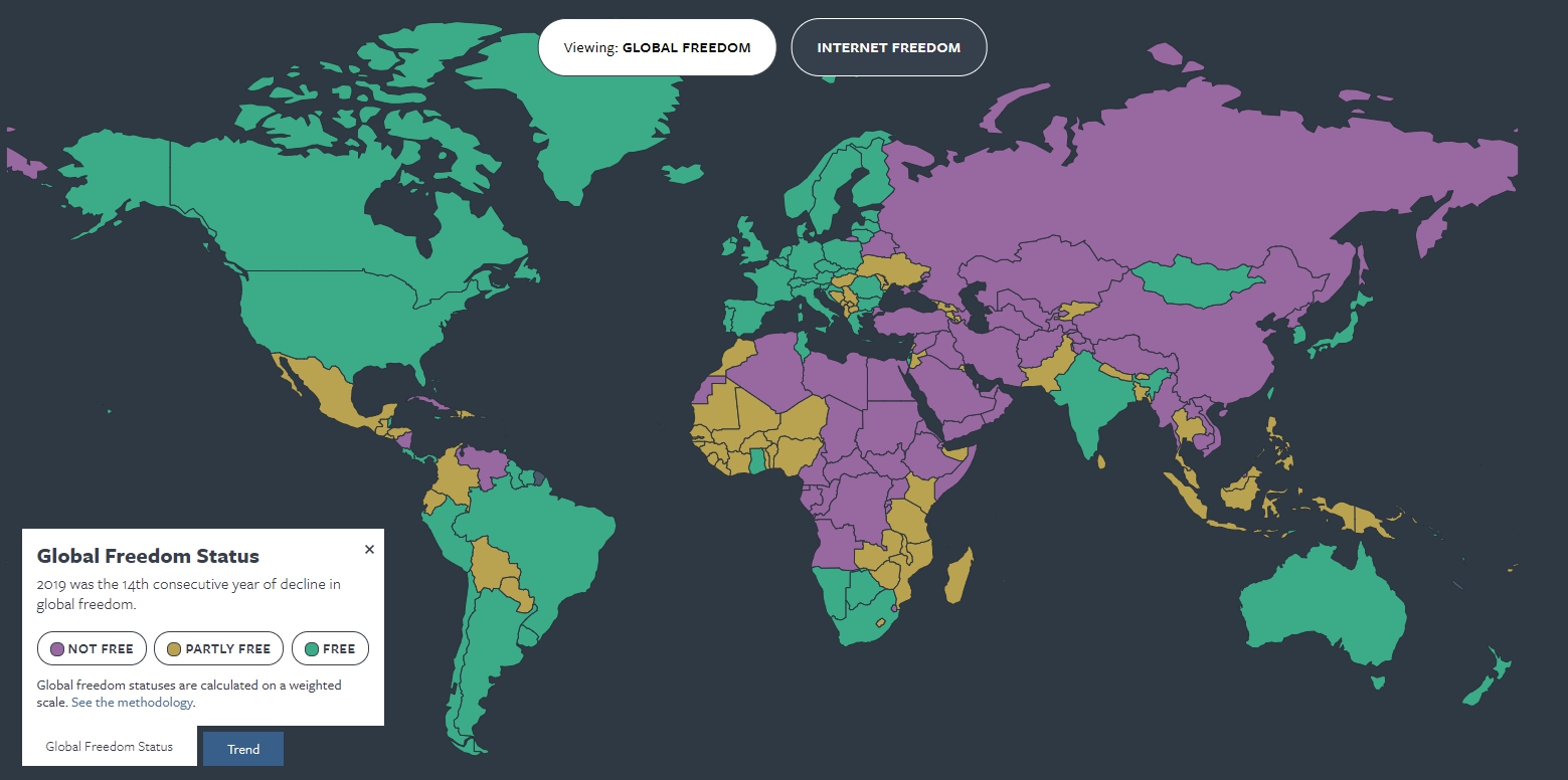 2020全球自由度調查報告出爐。（翻攝自Freedom House）