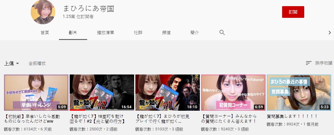 唯井真尋的YouTube頻道「まひろにあ帝国」。（翻攝YouTube頻道：まひろにあ帝国）