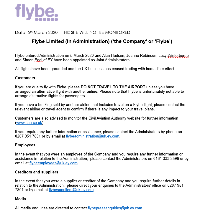 英國廉航弗萊比航空宣布破產,所有航班均已停飛。(翻攝自Flybe臉書)