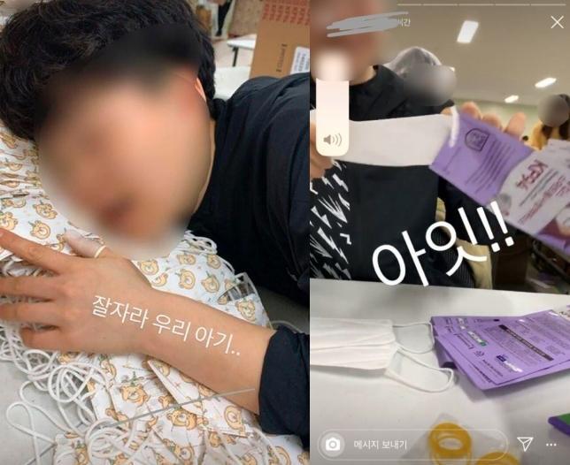 韓國一位在口罩工廠打工的打工男,將臉貼在全新口罩上面,被網友批評沒水準。(網路圖片)