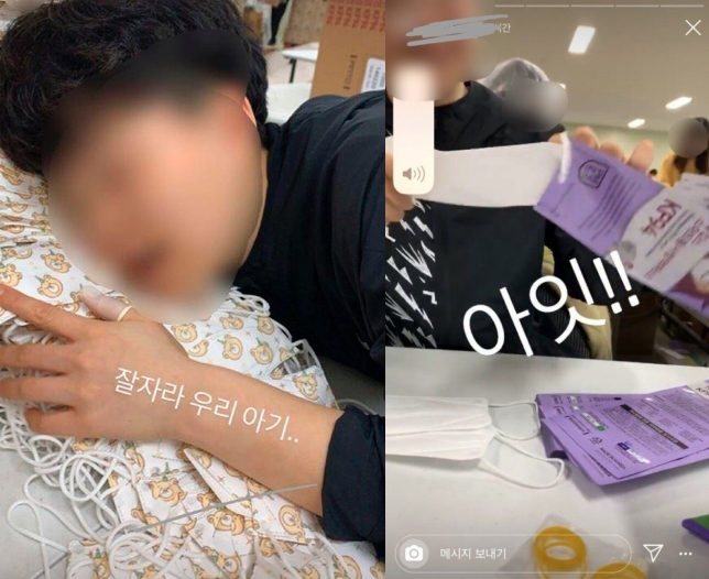 韓國一位在口罩工廠打工的打工男，將臉貼在全新口罩上面，被網友批評沒水準。（網路圖片）