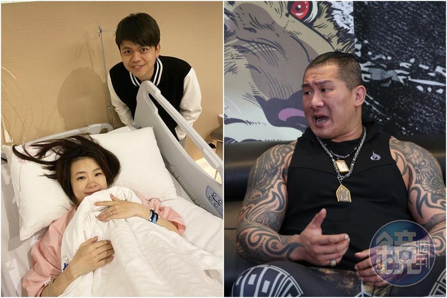 蔡阿嘎日前與老婆「二伯」遭黑衣人持鐵鎚襲擊，嫌犯疑似是館長（右圖）的粉絲。（左圖翻攝自蔡阿嘎臉書）