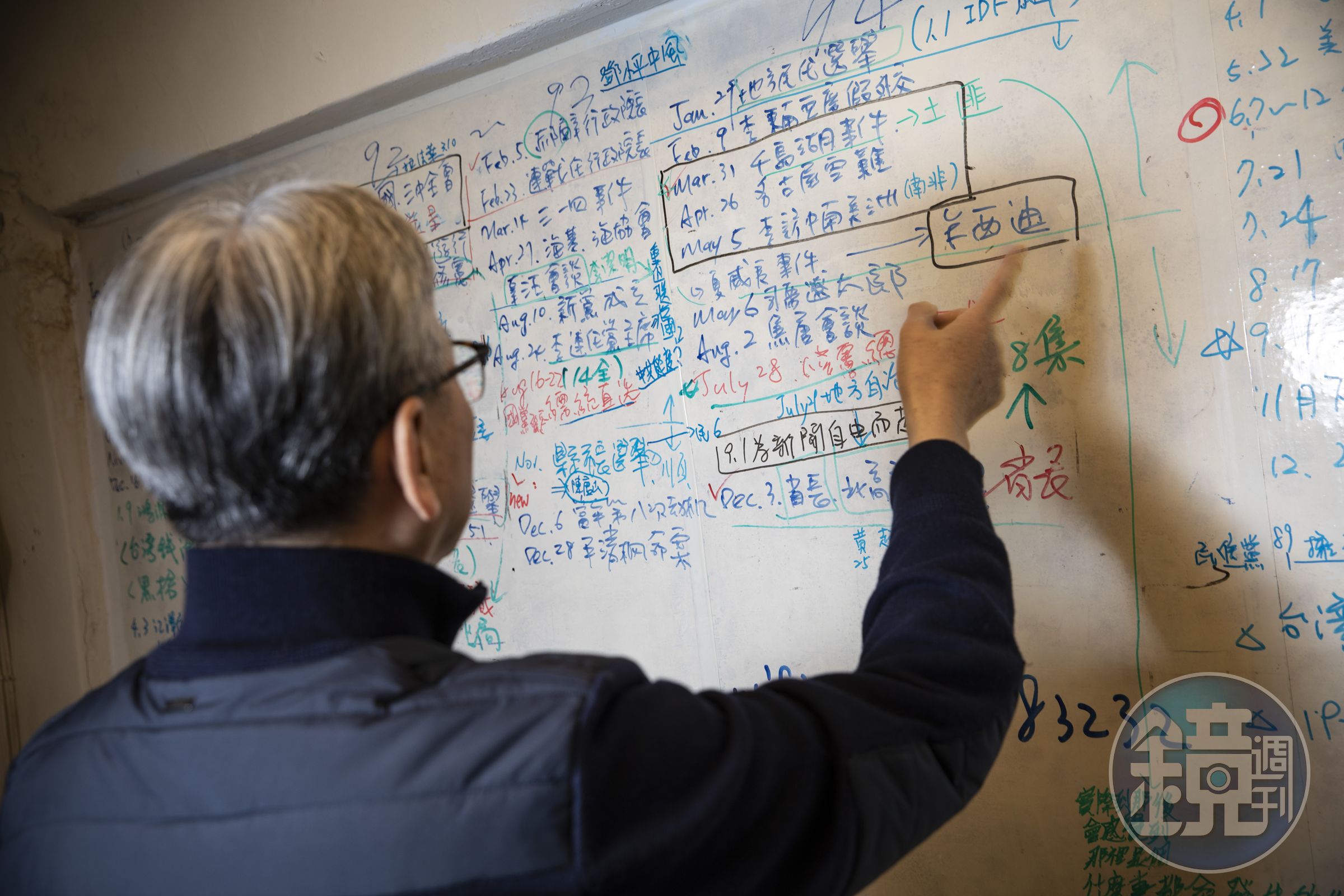 蘇志誠擔任《國際橋牌社》顧問，圖為劇組替演員上課的白板，上面羅列1990年代的美中台三邊互動的大事記，有許多是他曾親歷其中、至今仍未解密的歷史。