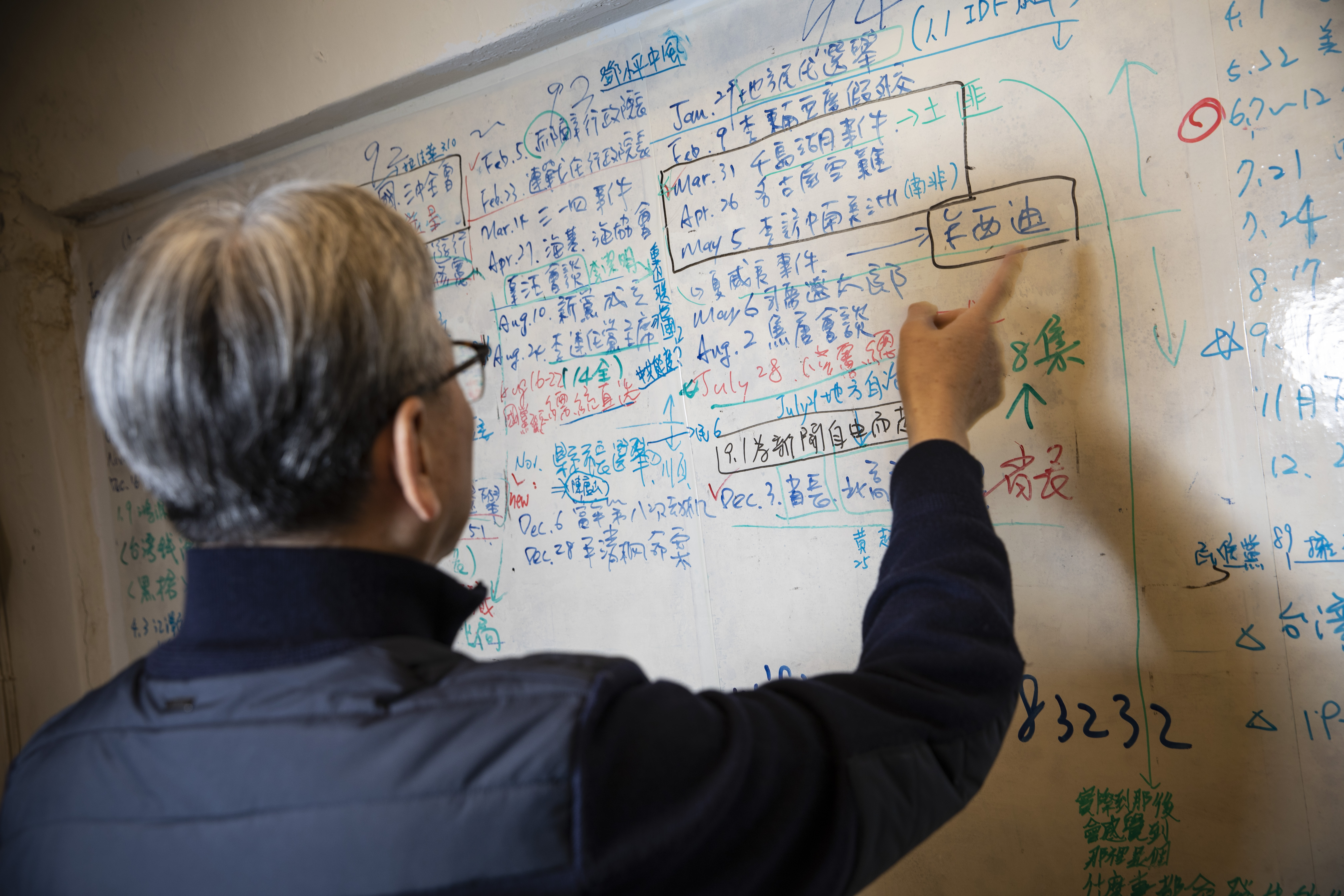 蘇志誠擔任《國際橋牌社》顧問，圖為劇組替演員上課的白板，上面羅列1990年代的美中台三邊互動的大事記，有許多是他曾親歷其中、至今仍未解密的歷史。