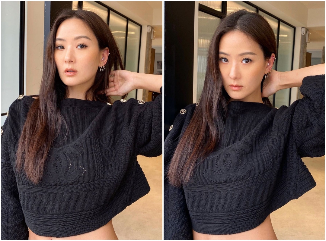 孫芸芸穿著CHANEL毛衣展現腰身，秀出自己設計的YUN YUN SUN耳環。（翻攝自孫芸芸IG）