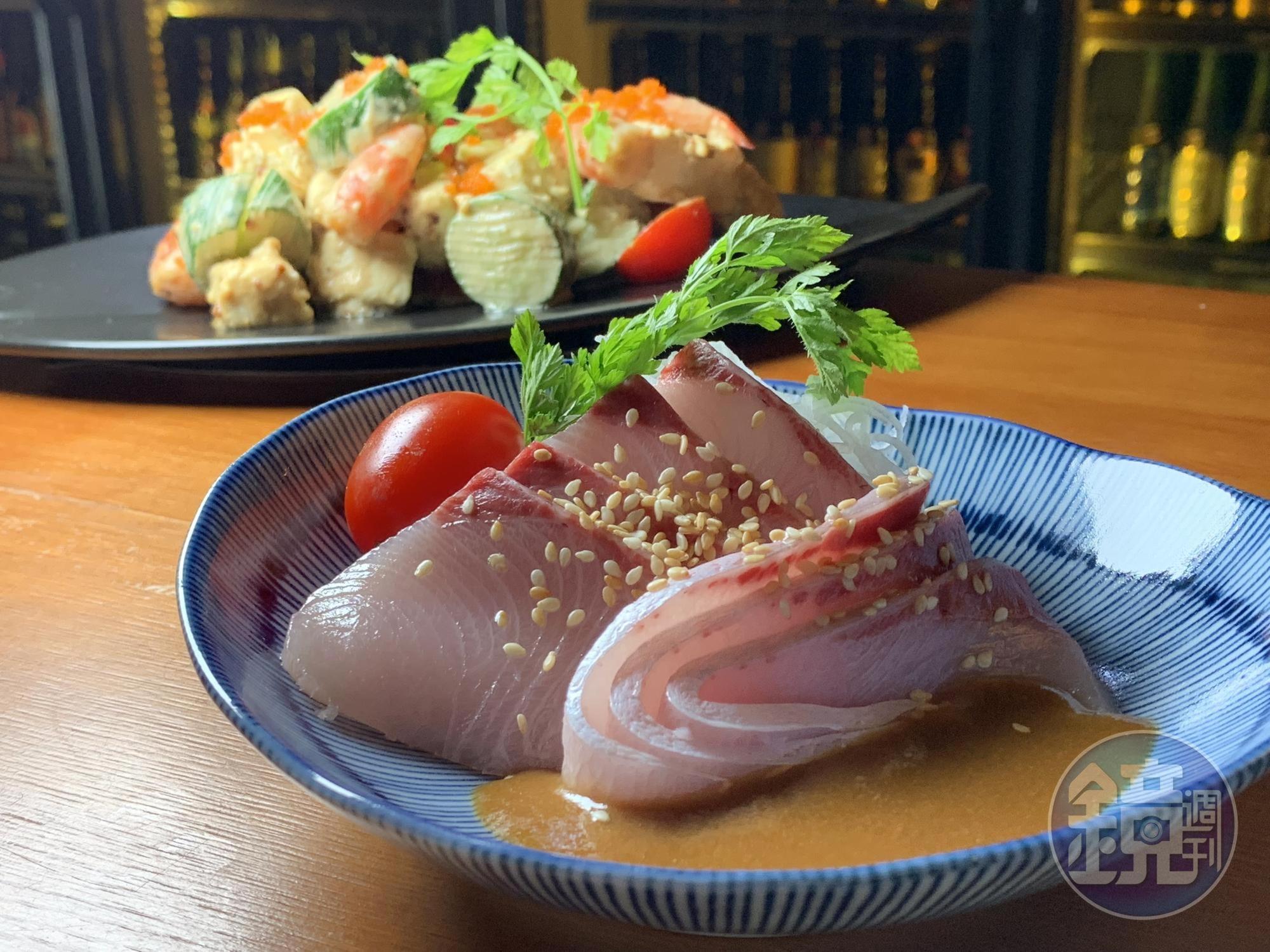 「胡麻醬青甘刺身」魚肉入口即化,油脂腴美,胡麻醬能解膩。(480元/份)
