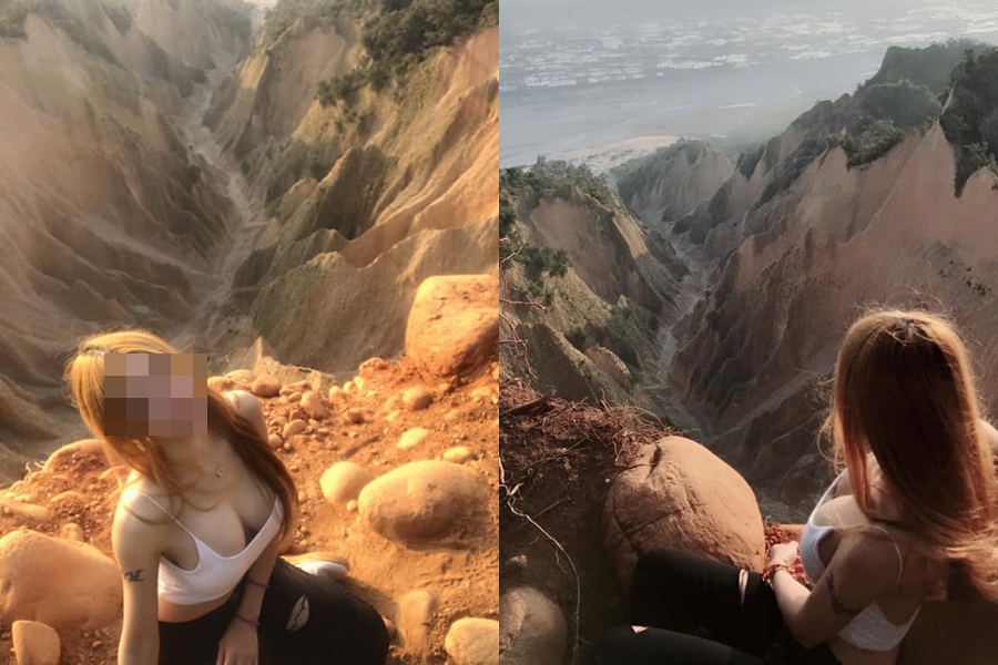 陳姓女網紅在火炎山懸崖邊拍照打卡，引發爭議。（翻攝自當事人臉書）