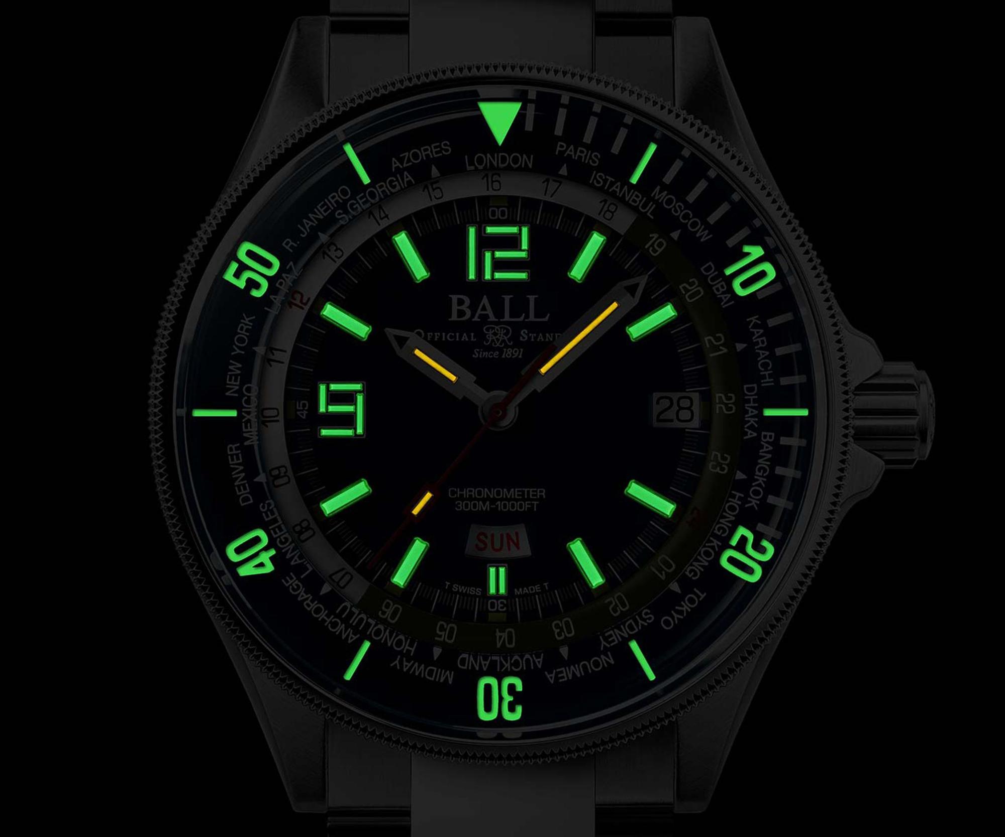 BALL Watch招牌的微型氣燈在此次做了更大的尺寸,夜間閱讀性更佳。
