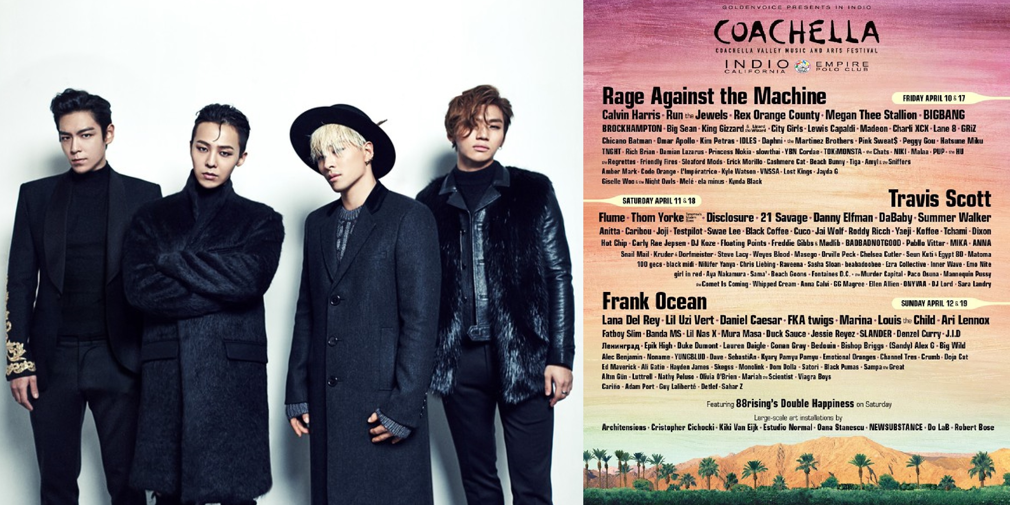 美國科切拉音樂節宣布延期至10月,粉絲期待BIGBANG的4人復出合體演出只得再等等。(翻攝自Coachella官網/Coachella臉書)