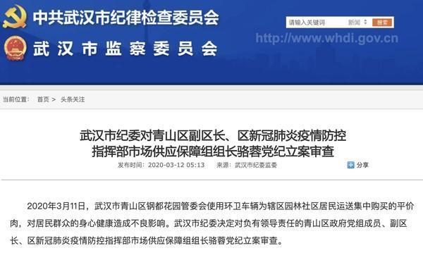 武漢市紀律檢查委員會一早發公告下令立案審查。（翻攝自網路）