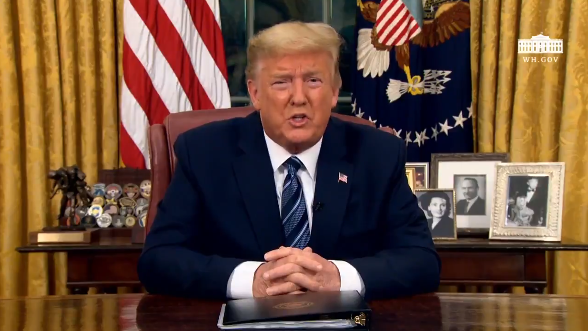 川普發表全國電視演說，宣布除英國外，禁止所有歐洲旅客入境為期30日。（翻攝自川普推特）