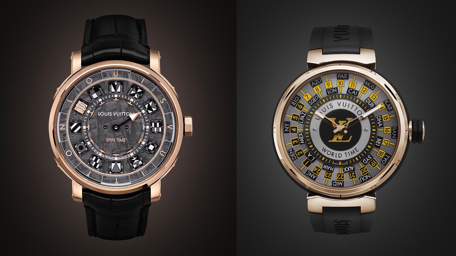 （左）Escale Spin Time Meteorite｜錶徑41mm、鈦金屬錶殼及18K玫瑰金錶圈錶耳、LV 77自動上鏈機芯、分鐘及旋轉方塊小時指示、防水30米。（右）Tambour World Time Runway｜錶徑45mm、不鏽鋼錶殼及18K玫瑰金錶圈錶耳、LV 107自動上鏈機芯、時間指示、世界時區功能、防水50米。