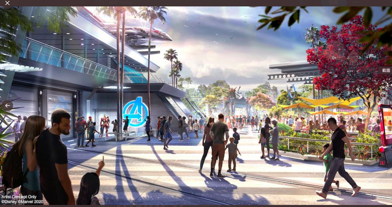 「復仇者聯盟」園區匯集所有知名的漫威電影人物。（翻攝自DisneyPark官方推特）
