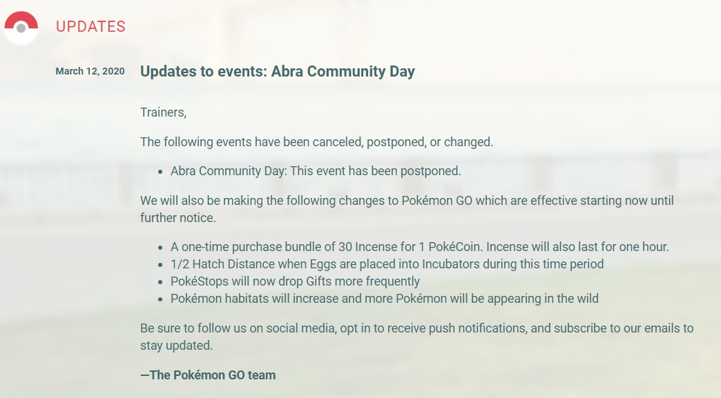 隨著近日新冠肺炎疫情再度升溫，《Pokémon Go》緊急宣布取消這次全球社群日。（翻攝自Pokémon Go）