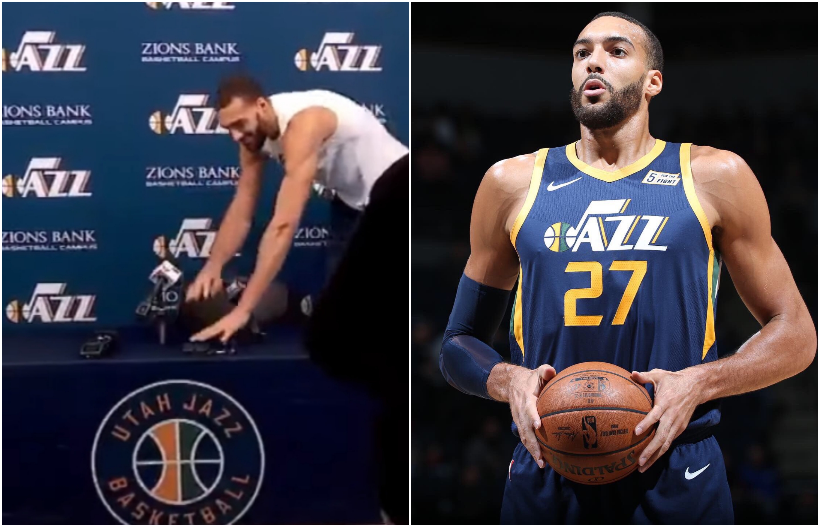 爵士球星葛伯特遭到確診，先前他亂摸麥克風的畫面也跟著流出。（翻攝自推特）