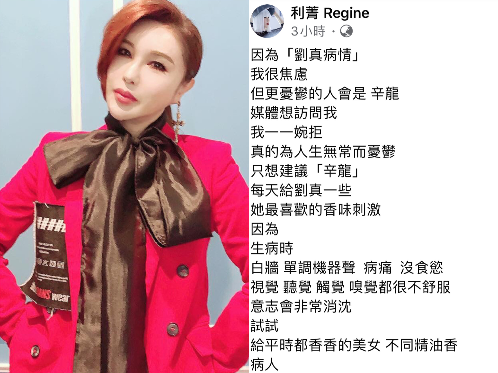 利菁發文爲劉真病情祈福，不忘關心辛龍。（翻攝自利菁臉書）