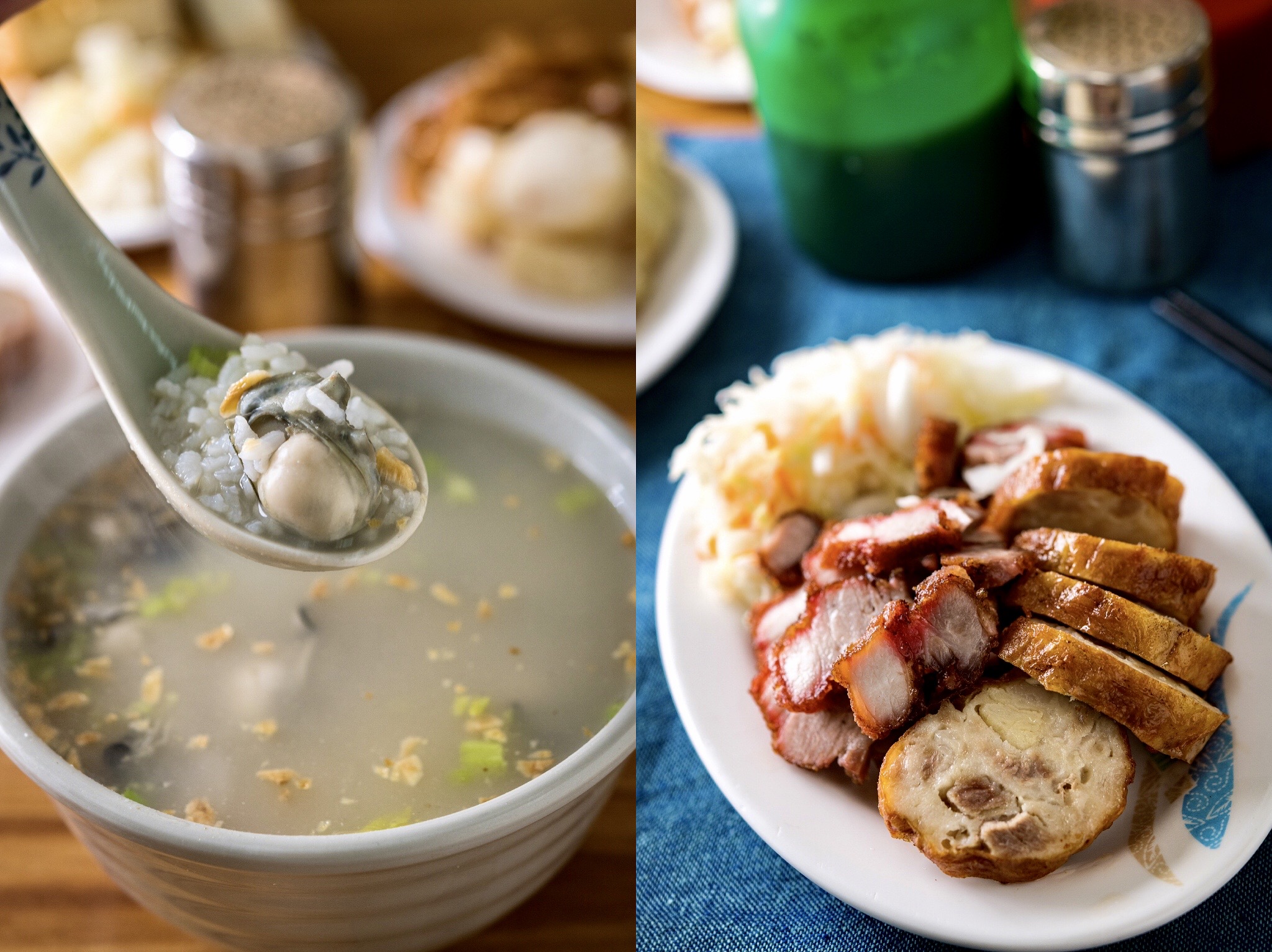 「樂群街蚵仔粥」的粥配上炸物拼盤，美味又暖胃。