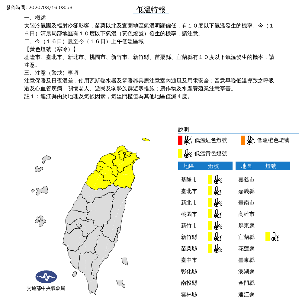 苗栗以北及宜蘭地區氣溫明顯偏低，紛紛亮起黃燈警示，有10度以下氣溫發生的機率。（翻攝自中央氣象局）