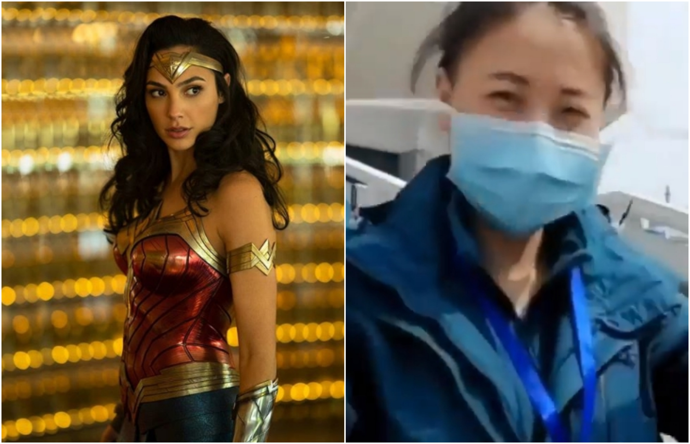 蓋兒加朵（左）分享武漢醫護人員拿下口罩的影片，引發議論。（翻攝自Gal Gadot Instagram）
