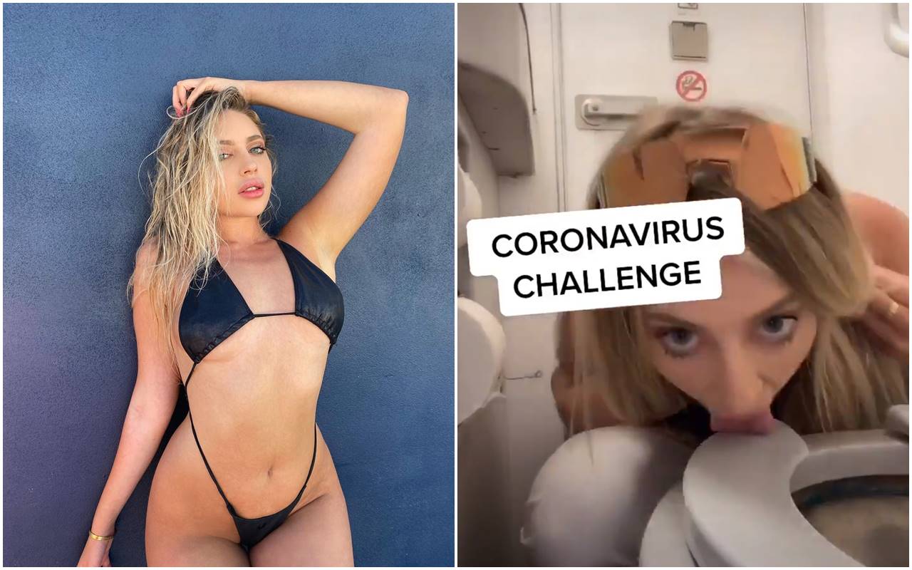 美國網紅艾娃路易斯（Ava Louise）試圖發起另類挑戰，她竟直接舌舔飛機廁所上的坐墊，讓許多網友感到噁心。（翻攝自Ava Louise IG／推特）