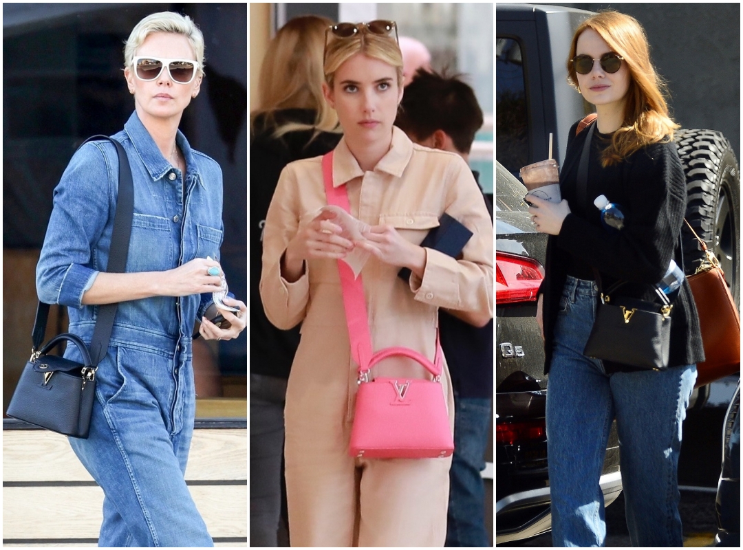莎莉賽隆（左）、艾瑪羅勃茲（中）、艾瑪史東（右）趴趴走時的良伴皆為LV Capucines Mini手袋。（Louis Vuitton提供）