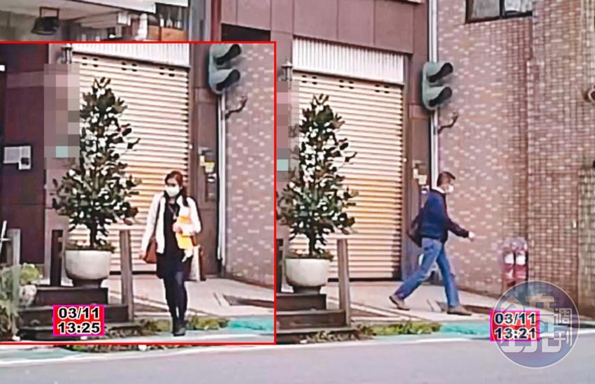 王浩每次結束幽會、步出華廈時，都會向左走，到停車場牽車。陳淑娟（左圖）確認王浩取車後才離開華廈，並向右走，繞到後方巷弄會合。