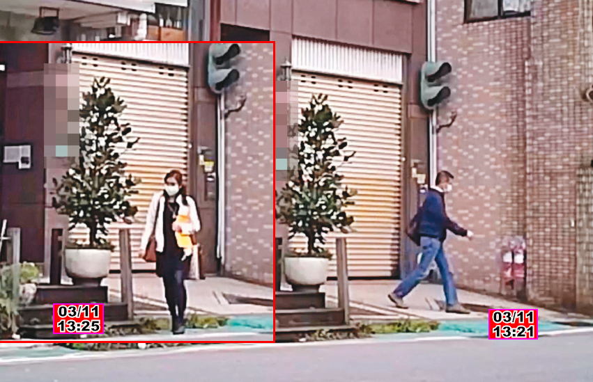 03/11 王浩每次結束幽會、步出華廈時，都會向左走，到停車場牽車。陳淑娟（左圖）確認王浩取車後才離開華廈。